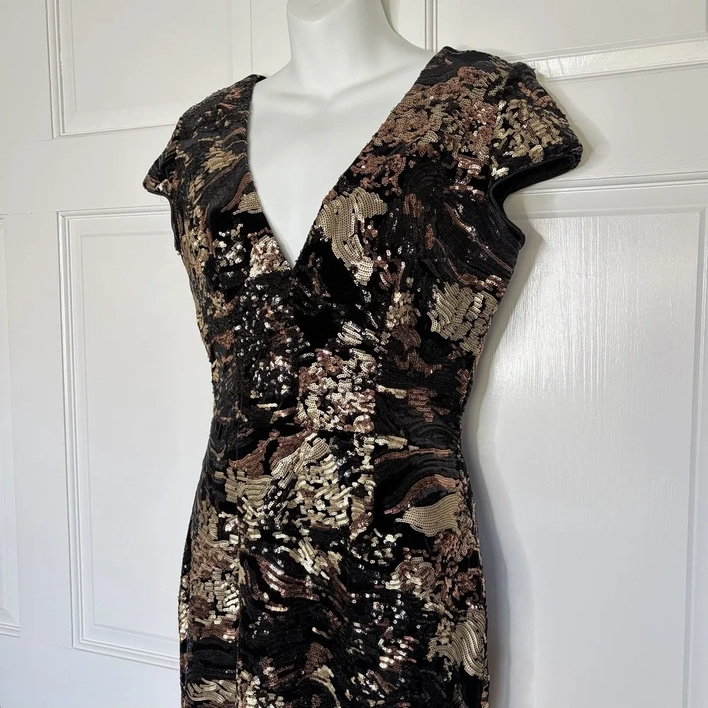 Dress the Population Black Gold Sequin Velvet V-Neck Cap Sleeve Sheath Midi Glam - Picture 3 of 12